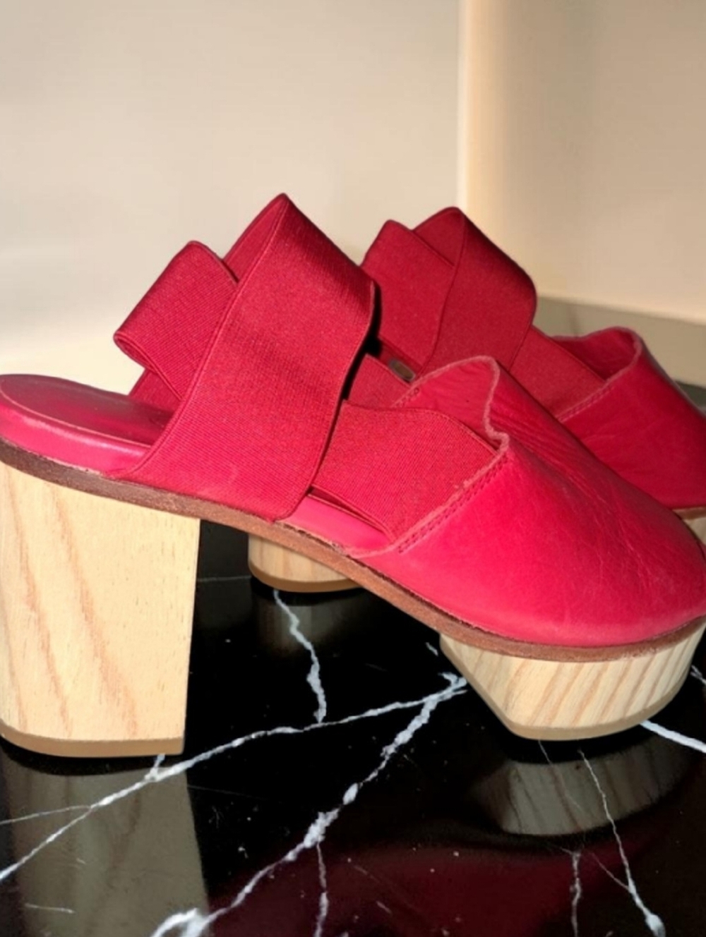 Cos Platform Scarlet Red Leather Sandals Wood Platform Sz 5.5 EUC